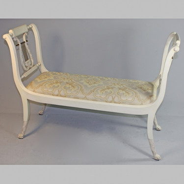 American Empire Duncan Phyfe - 47 Inch Handcrafted Reproduction Lyre Bench - Damask Upholstery 045 - Painted White Luxurie Furniture Finish PWH