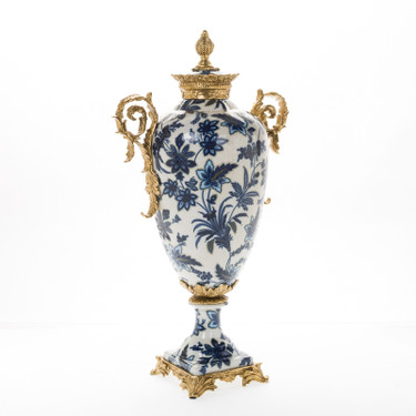 Lyvrich d'Elegance, | Handmade Potiche Jar, Statement Urn Centerpiece, | Porcelain and Gilded Ornamental Dior Ormolu, | Soft Gold Trimmed, Blue and White Flora, | 21.67t X 11.31w X 7.49d | 6438