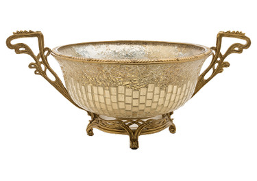Lyvrich Modern d'Elegance, Compote Fruit Bowl, Centerpiece Dish, Tile and Crushed Mirror Tiles, Gilt d'or Brass Ormolu Trim, 18.12w X 12.02d X 8.86t, 6454