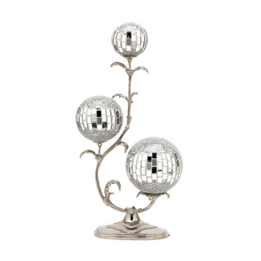 Lyvrich Modern d'Elegance, Sculptural Deco Orbs, Centerpiece Sphere Decoration, Tile and Crushed Mirror Tiles, Silvered d'or Brass Ormolu Trim, 10.44w X 5.04d X 18.12t, 6460