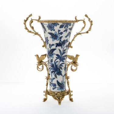 Lyvrich Objet d'Art | Small Bird Design, Flower Vase Centerpiece | Blue and White Flora with Soft Gold, | Porcelain with Gilded Dior Ormolu Trim, | 16.94"t X 11.74"w X 7.25"d | 6469