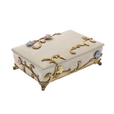 Lyvrich Objet d'Art | Trinket, Display Box | Raised Porcelain Flowers and Gilded Dior Ormolu Trim, | 11.82L X 8.08d X 4.14t | 6472