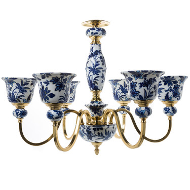 Lyvrich Objet d'Art | Handmade, 6 Light, Breakfast | Dining Chandelier, | Blue and White Flora with Soft Gold, | Bone China with Gilded Dior Ormolu Trim, | 23.17"t X 27.46"w X 27.46"d | 6477