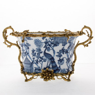 Lyvrich Objet d'Art | Handmade Flower Pot, Statement Planter Centerpiece | Blue on Pale Blue Birdcage Theme, | Porcelain with Organic Branch, Twig and Leaf Motif, Gilded Dior Ormolu Trim, | 9.73"t X 16.94"w X 9.65"d | 6481