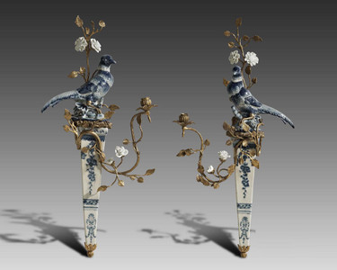 Lyvrich Objet d'Art | Handmade Candle Holder Set, Blue and White Bird, Wall Bracket Sconce Pair | Lazuli Bunting, Branches, Flowers, | Porcelain with Gilded Dior Ormolu Trim, | 28.75"t X 13.75"w X 5.51"d and 29.52"t X 13.75"w X 5.10"d | 6522