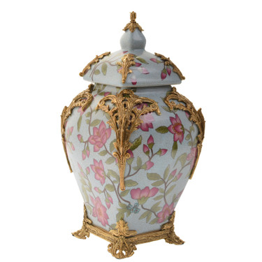 Lyvrich Objet d'Art | Handmade Covered Jar, Centerpiece Urn | Unspecified Pattern, | Porcelain with Gilded Dior Ormolu Trim, | 13.99"t X 8.67"w X 8.67"d | 6527