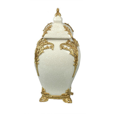 Lyvrich Objet d'Art | Handmade Covered Jar, Centerpiece Urn | Unspecified Pattern, | Porcelain with Gilded Dior Ormolu Trim, | 13.99"t X 8.67"w X 8.67"d | 6528