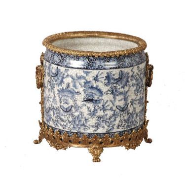 Lyvrich Objet d'Art | Handmade Flower Pot, Statement Planter Centerpiece | Blue and White Butterfly Pattern, | Porcelain with Gilded Dior Ormolu Trim, | 10"t X 11"w X 11"d | 6536