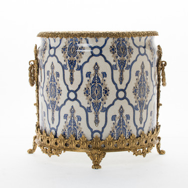 Lyvrich Objet d'Art | Handmade Trash Can, Statement Wastebasket | Blue and White Brocade, Pattern, | Porcelain with Gilded Dior Ormolu Trim, | 10"t X 11"w X 11"d | 6590