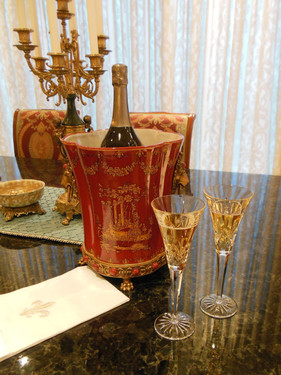 Lyvrich d'Elegance, Porcelain and Gilded Dior Ormolu | Glen Cove, Collectors Series, Oversize Wine, Champagne Cooler | Warm Red and Gold Jeweled Chinoiserie | 12.00t X 10.05w X 10.05d | 6592