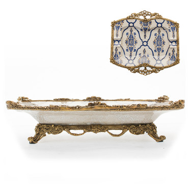 Lyvrich | Handmade, Collectors Series Cigarette Tray, Cigar Ashtray, Centerpiece, | Blue and White Brocade, | Heirloom Quality Porcelain with Gilded Dior Ormolu Trim, | 2.50"t X 10.25"w X 10.25"d | 6597