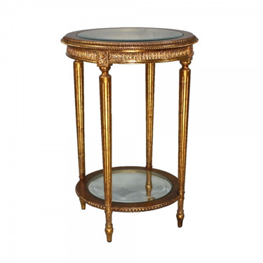 Marie Therese Charlotte French Neo Classical Period Louis XVI - 30 Inch Handcrafted Reproduction Versailles End | Side | Round Bevel Glass Lamp Table - Gold Metallic Luxurie Furniture Finish NF9