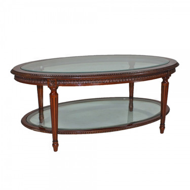 Marie Therese Charlotte French Neo Classical Period Louis XVI - 47 Inch Handcrafted Reproduction Versailles Cocktail | Oval Bevel Glass Coffee Table - Luxurie Furniture Wood Tone Finish MLSC