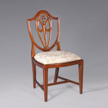 A Georgian English Hepplewhite Festoons of Wheat Ears - 39 Inch Handcrafted Reproduction Shield Back Dining | Accent Side Chair - Damask Upholstery 055 - Wood Luxurie Furniture Finish MLSC