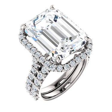 14.22 Carat, Luxury Emerald Cut Benzgem Solitaire, Benzgem Diamond Quality Color and Cut matches believably the Natural 44 Diamond Semi-Mount, GuyDesign® Halo Design Engagement or Right Hand Ring, 18k White Gold, 6629,