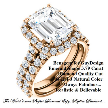 4 Carat, Luxury Emerald Cut Benzgem Solitaire, Benzgem Diamond Quality Color and Cut matches believably the Natural 34 Diamond Semi-Mount; GuyDesign® Halo Design Engagement or Right Hand Ring, 18k Rose Gold, 6664,