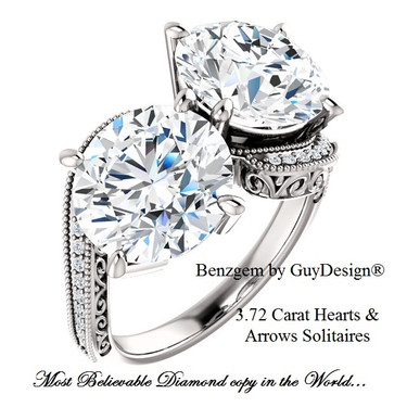 3.74 Unforgettable, Most Believable, Original H-I Color 07.44 Ct. Off-White Hand Cut Hearts & Arrows Round Diamond Copy, Mined Diamond Semi-Mount G-H Color VS Clarity, Custom Platinum Jewelry Dual Solitaire Ring 6852
