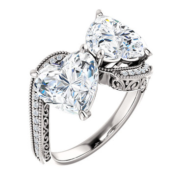 3.72 Unforgettable, Most Believable, Original H-I Color, 07.44 Ct. Tw. Off-White Hand Cut Heart Shape Excellent Diamond Cut Quality Copies, Mined Diamond Semi-Mount, Custom Platinum Jewelry Dual Solitaire Ring 6858