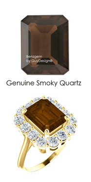 10 x 8 Emerald Shape Mined 10 x 8 Smoky Quartz and Benzgem by GuyDesign® 01.40 Carats of Round Diamond Simulants, Diana Princess of Wales Ring, 14k Yellow Gold, 6867