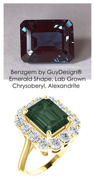 11 x 9 Benzgem by GuyDesign® Emerald Cut Lab-Created Chrysoberyl 11 x 9 Alexandrite and 01.68 Carats of Round Imitation Diamonds, Diana Princess of Wales Ring, 14k Yellow Gold, 6871