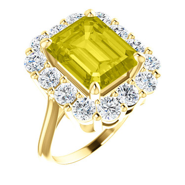11 x 9 Emerald Shape, Lab-Created Corundum Benzgem by GuyDesign® 11 x 9 Yellow Sapphire and 01.68 Carats of Round Diamond Simulants, Diana Princess of Wales Ring, 14k Yellow Gold, 6875