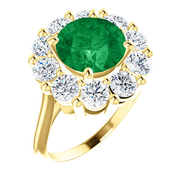 9 x 9 Benzgem by GuyDesign® Round Shape Lab-Created Columbian Color 9 x 9 Beryl Emerald and Round Diamond Simulants 01.60 cts., Diana Princess of Wales Ring, 14k Yellow Gold, 6881