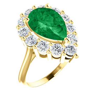 12 x 8 Benzgem by GuyDesign® Pear Shape Lab-Created Columbian Color 12 x 8 Beryl Emerald and Round Diamond Simulants 01.20 cts., Diana Princess of Wales Ring, 14k Yellow Gold, 6885
