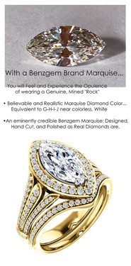 1.59 Carat Believable Simulated Diamond Marquise Cut Benzgem matches Convincingly the Natural 86 Diamond Semi-Mount; GuyDesign Halo Engagement or Right-Hand Ring - 14k Yellow Gold, 6914,