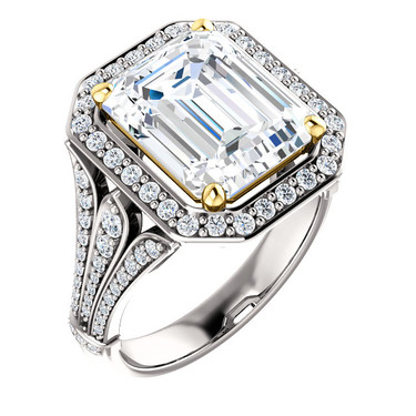 5.50 Carat, Luxury Emerald Cut Benzgem Solitaire, Benzgem; Diamond Quality Color and Cut, Swarovski CZ Semi-Mount; GuyDesign® Halo Design Engagement or Right Hand Ring, 14k White Gold, 6918,