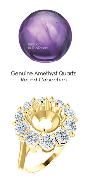 10 x 10 Mined Round Cabochon 10 x 10 Amethyst Quartz and Benzgem by GuyDesign® 02.50 Carats of Best Round Diamond Simulants, Diana Princess of Wales Ring, 14k Yellow Gold, 7105