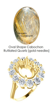 11 x 9 Mined Oval Cabochon 11 x 9 Rutilated Quartz and Benzgem by GuyDesign® 01.80 Carats of Best Round Diamond Simulants, Diana Princess of Wales Ring, 14k Yellow Gold, 7107