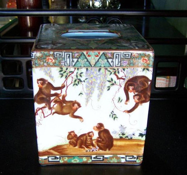 Merry Monkeys - Luxury Hand Painted Reproduction Chinese Porcelain - 6 Inch Boudoir - Boutique Tissue Box - Style M422