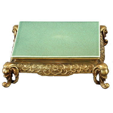 High End Indian Elephant Motif Plateau - Luxury Hand Painted Porcelain and Gilt Bronze Ormolu - 6.75 Inch Celadon Round Display Stand