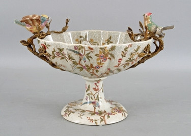 Serene Garden Pattern - Luxury Hand Painted Porcelain and Parcel Gilt Bronze Ormolu - 15 Inch Pedestal Bowl | Compotier