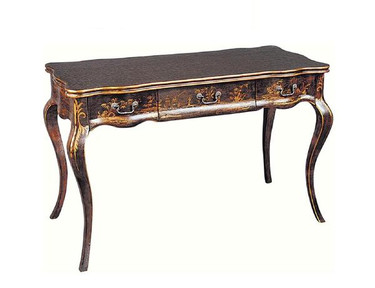 Luxe Life Louis XV Style - 48 Inch Chinoiserie Reproduction Bureau Plat Writing Desk - Ebony Black Finish with Gilt Accents