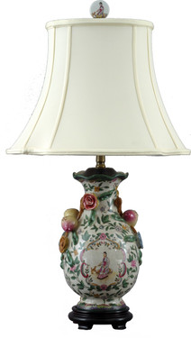 White Crackle with Gold, Green, and Pink Porcelain Lamp with Silk Shade 28"