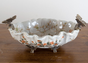 White Crackle, Brown, Tan, and Rust Porcelain Decorative Bowl 10"