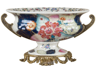 2022:8653 White Crackle with Bright Pink and Dark Blue Porcelain Decorative 12" Centerpiece Bowl