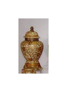 Ivory and Gold Lotus Scroll Arabesque | Luxury Handmade and Painted Reproduction Chinese Porcelain and Gilt Bronze Ormolu | 15 Inch Covered Temple Jar Style D1