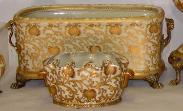 Ivory and Gold Lotus Scroll Arabesque | Luxury Handmade and Painted Reproduction Chinese Porcelain and Gilt Bronze Ormolu | 21 Inch Rectangular Statement Centerpiece Planter Style E593