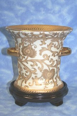 Ivory and Gold Lotus Scroll Arabesque | Luxury Handmade and Painted Reproduction Chinese Porcelain | 7.5 Inch Decorative Planter Style 67