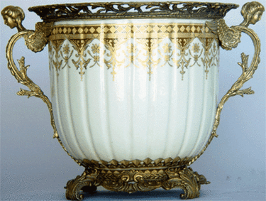 Ivory and Gold | Luxury Handmade and Painted Reproduction Chinese Porcelain and Gilt Bronze Ormolu | 16 Inch Table Top Planter, Flower Pot | Style A088