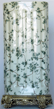Creme and Green Ivy - Luxury Handmade and Painted Reproduction Chinese Porcelain and Gilt Bronze Ormolu - 19 Inch Umbrella Storage Vase Style A378