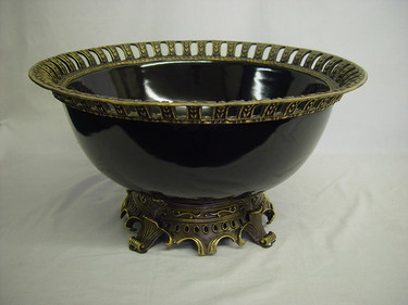 Ebony Black Decorator Solids - Luxury Handmade and Painted Reproduction Chinese Porcelain and Gilt Bronze Ormolu - 14 Inch Decorative Display Bowl, Centerpiece Style F78