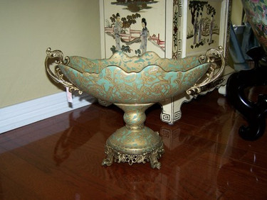 Celadon Green and Gold Arabesque - Luxury Handmade and Painted Reproduction Chinese Porcelain and Gilt Bronze Ormolu 19 Inch Footed Bowl Style B358