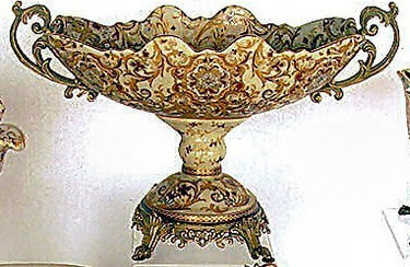 Burgundy Medallion and Gold - Luxury Handmade and Painted Reproduction Chinese Porcelain and Gilt Bronze Ormolu - 19 Inch Footed Centerpiece Bowl Style B358