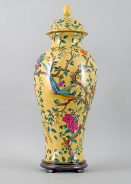 Yellow Floral Pattern - Luxury Hand Painted Porcelain - 24 Inch Covered Urn, Jar