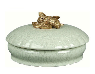 Luxe Life Glossy Sage Crackle Finely Finished Porcelain and Gilt Bronze Ormolu - 8 Inch Scalloped Box