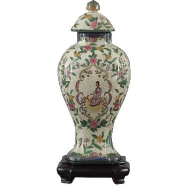 Climbing Rose Pattern - Luxury Hand Painted Porcelain - 12 Inch Covered Jar with Wooden Stand