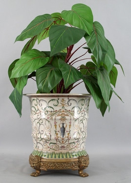 Vert Fougere Pattern - Luxury Hand Painted Porcelain and Gilt Bronze Ormolu - 15 Inch Orchid Pot, Planter